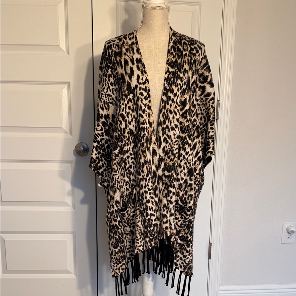 Chico's Animal Print Wrap with Black Fringe